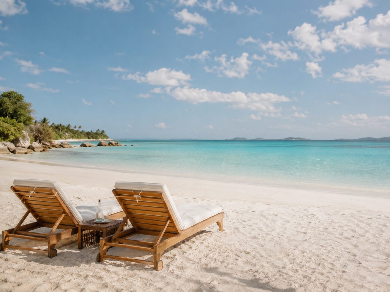 Two chairs on white sand facing a turquoise sea