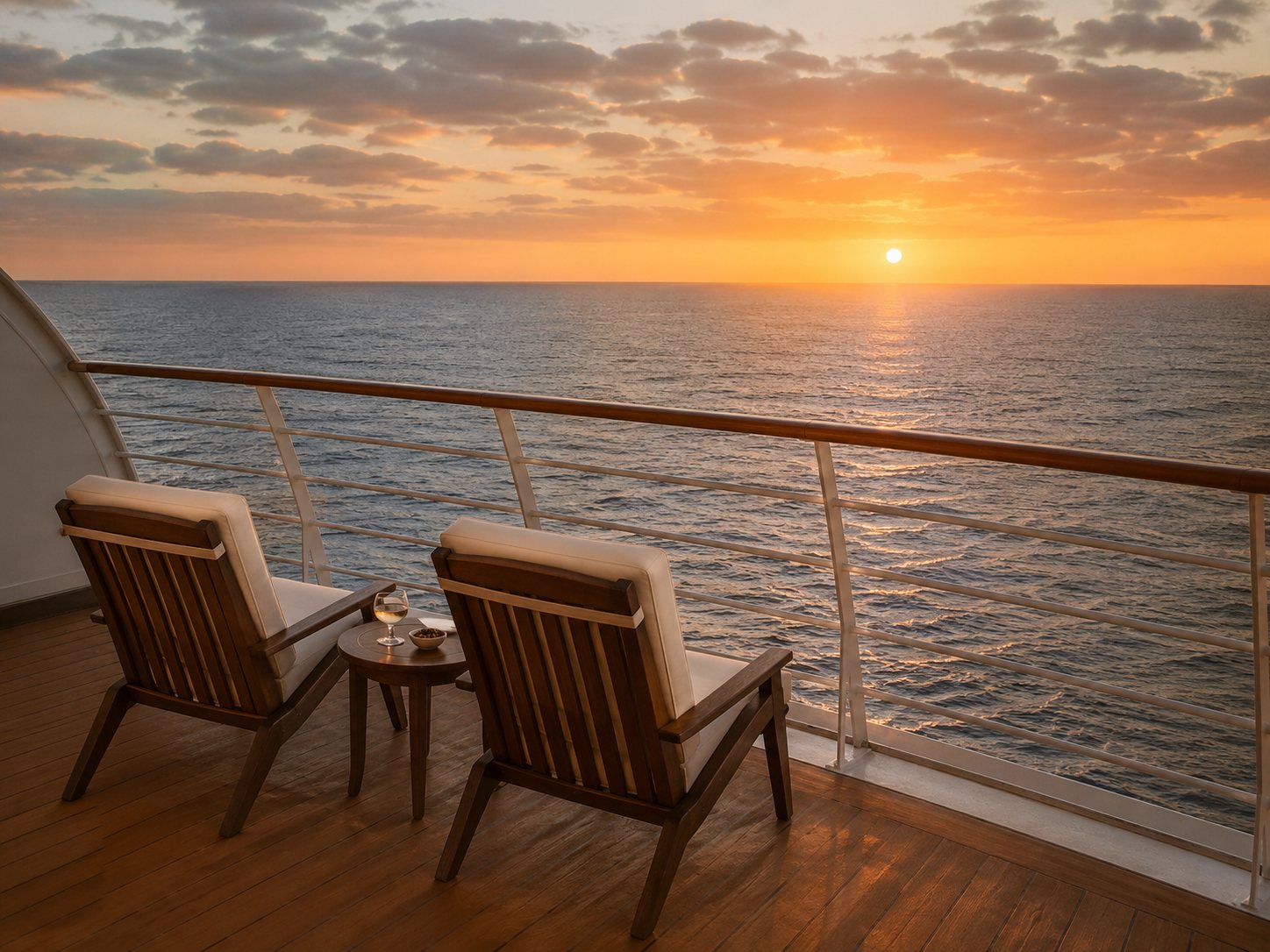 Two chairs on a private cruise balcony facing the open sea at sunset