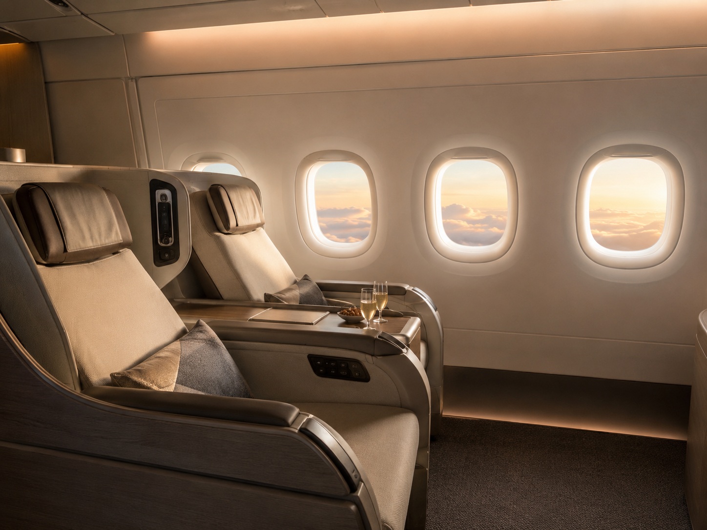 Two first-class seats facing the cabin window