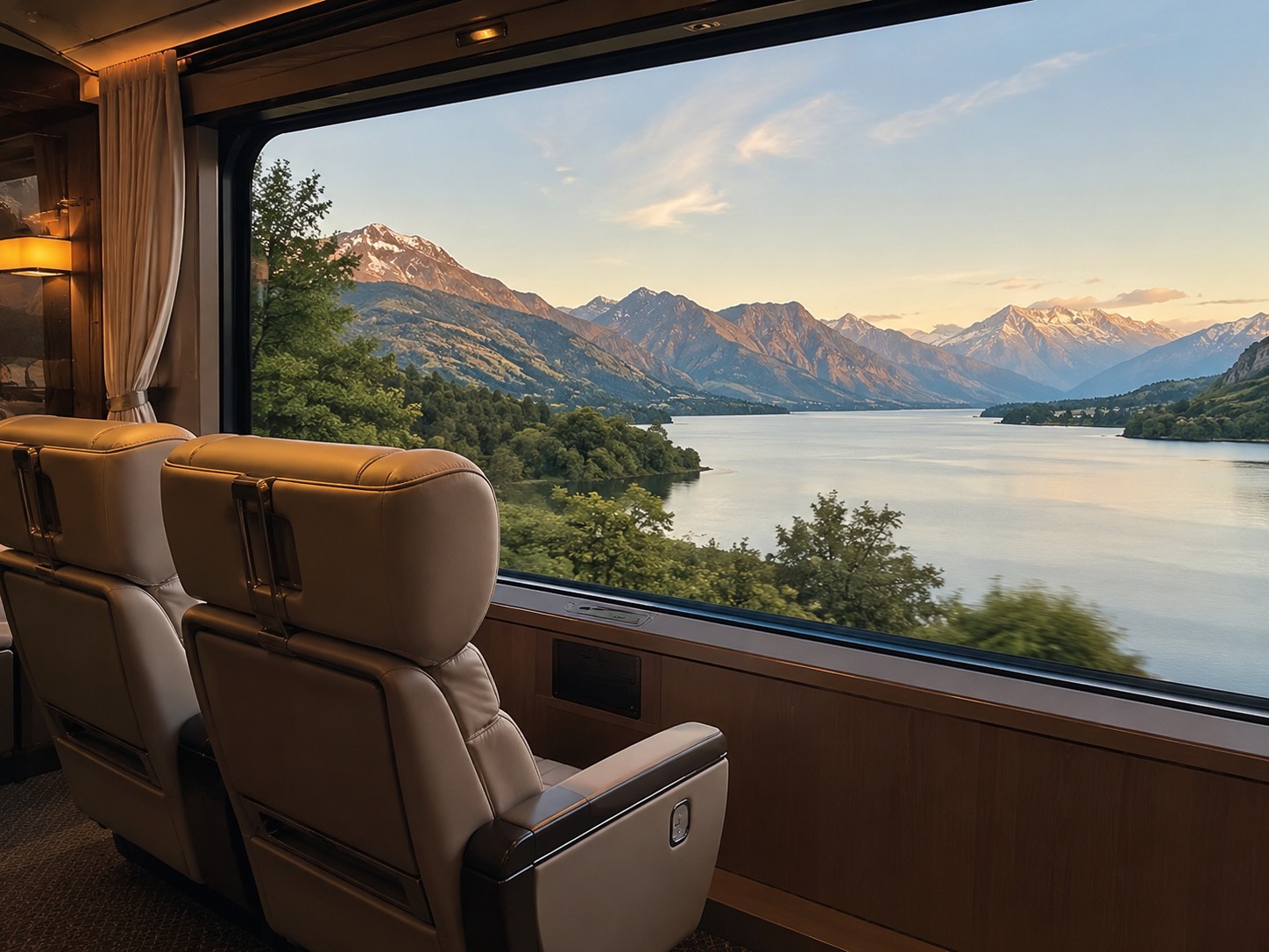 Two seats by a luxury train window watching the landscape pass