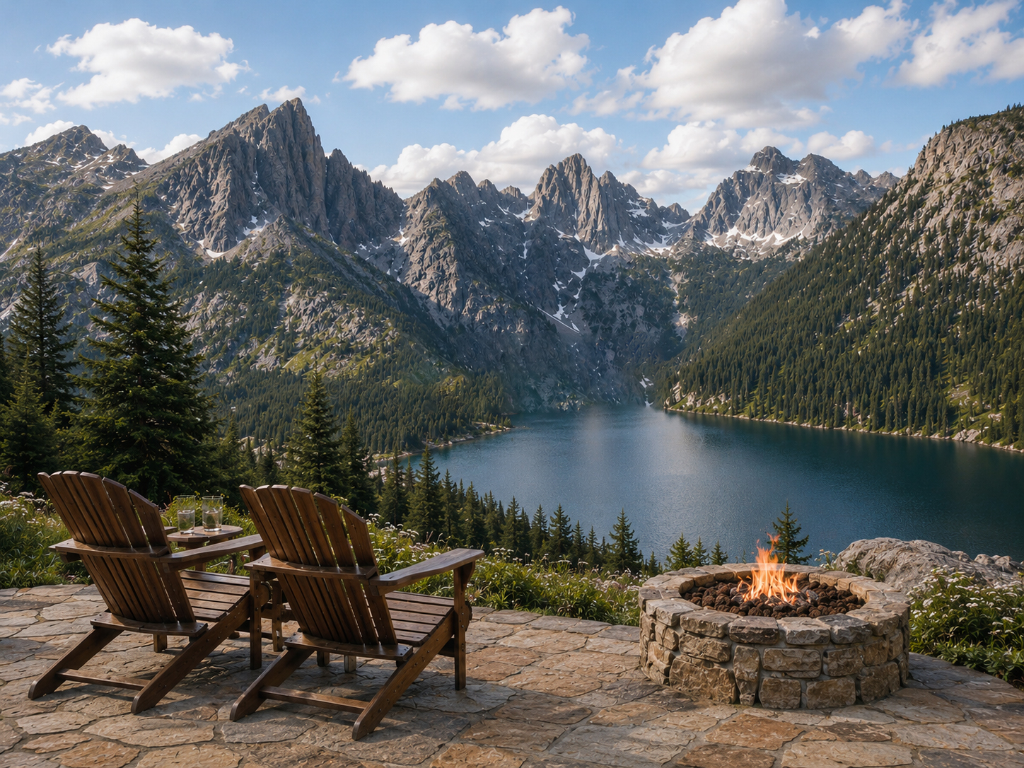 Two chairs by a fire pit overlooking a mountain vista