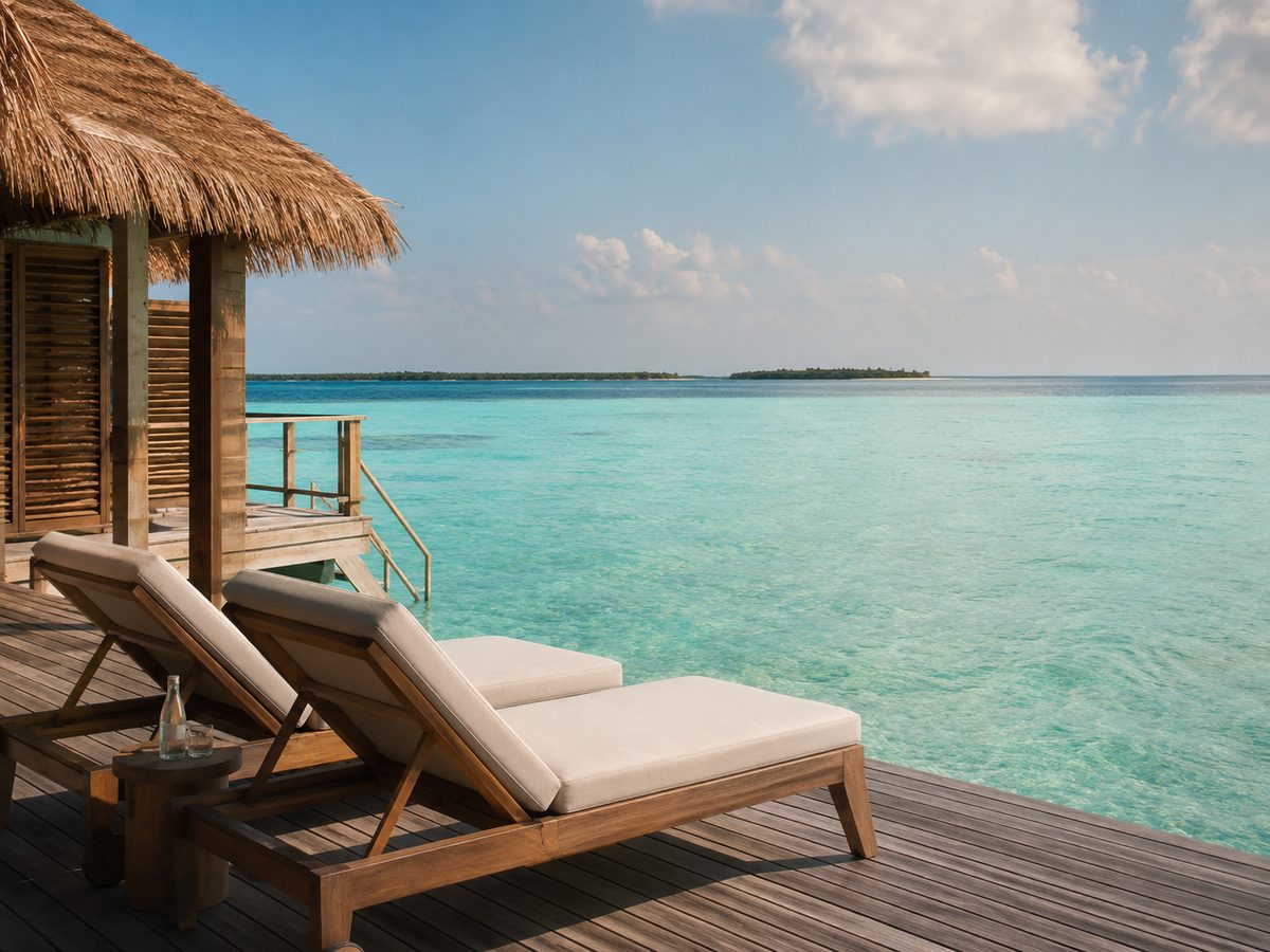 Two loungers on an overwater bungalow deck above a clear lagoon