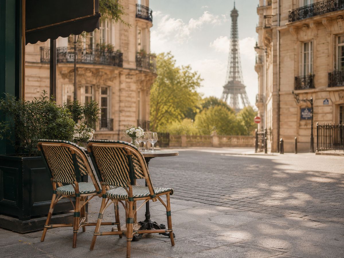 Two café chairs at a Paris table with the Eiffel Tower beyond