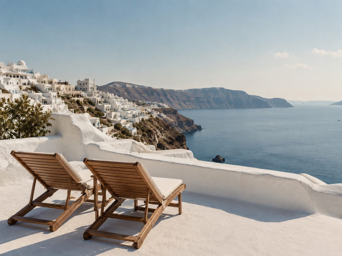 Two chairs on a whitewashed terrace above the Santorini caldera