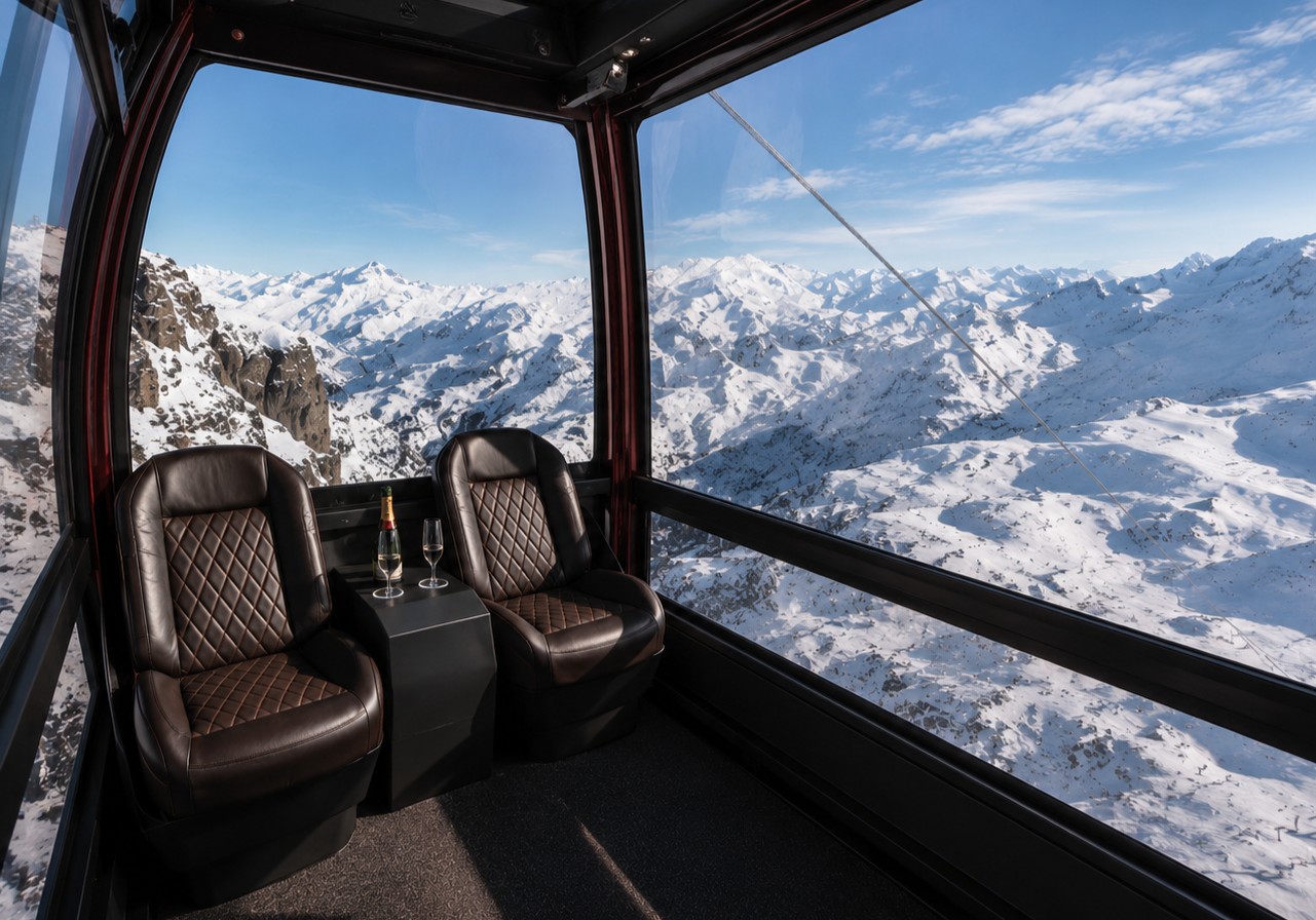Two seats on a ski lift above a snowy mountain slope